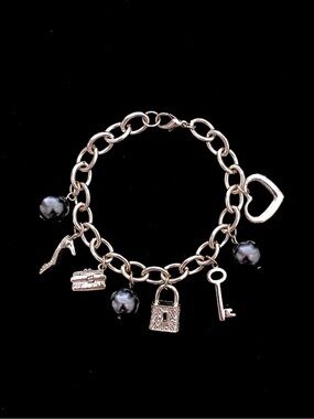 Silver-Tone Charm Bracelet | Heart/Lock/Key/High Heel Charms + Black Beads
